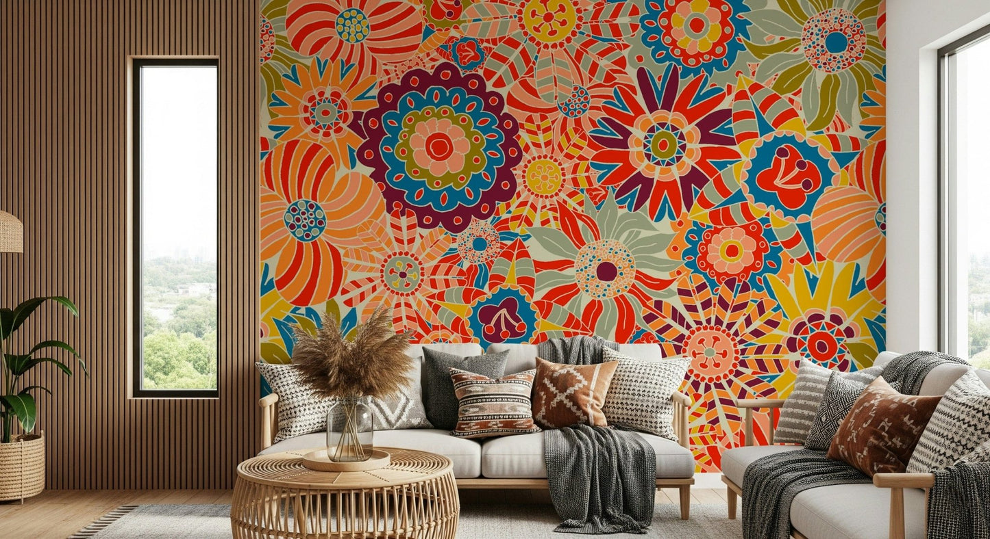 Large wallpaper for walls, orange, blue, and yellow psychedelic flowers.