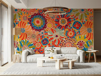 Colorful Groovy Blooms bright, energetic abstract floral pattern, wall mural.