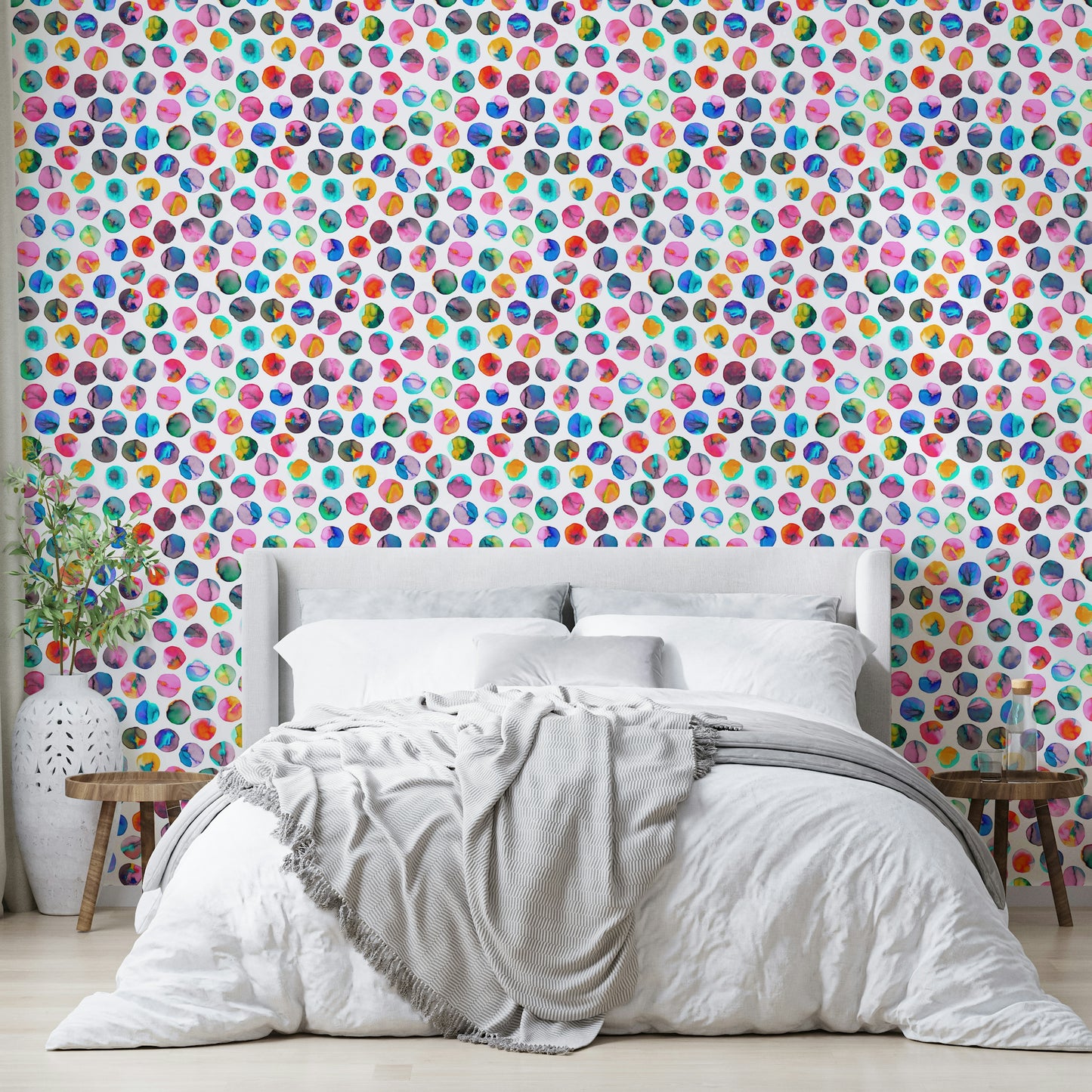 Bold geometric wallpaper with scattered ink spots

