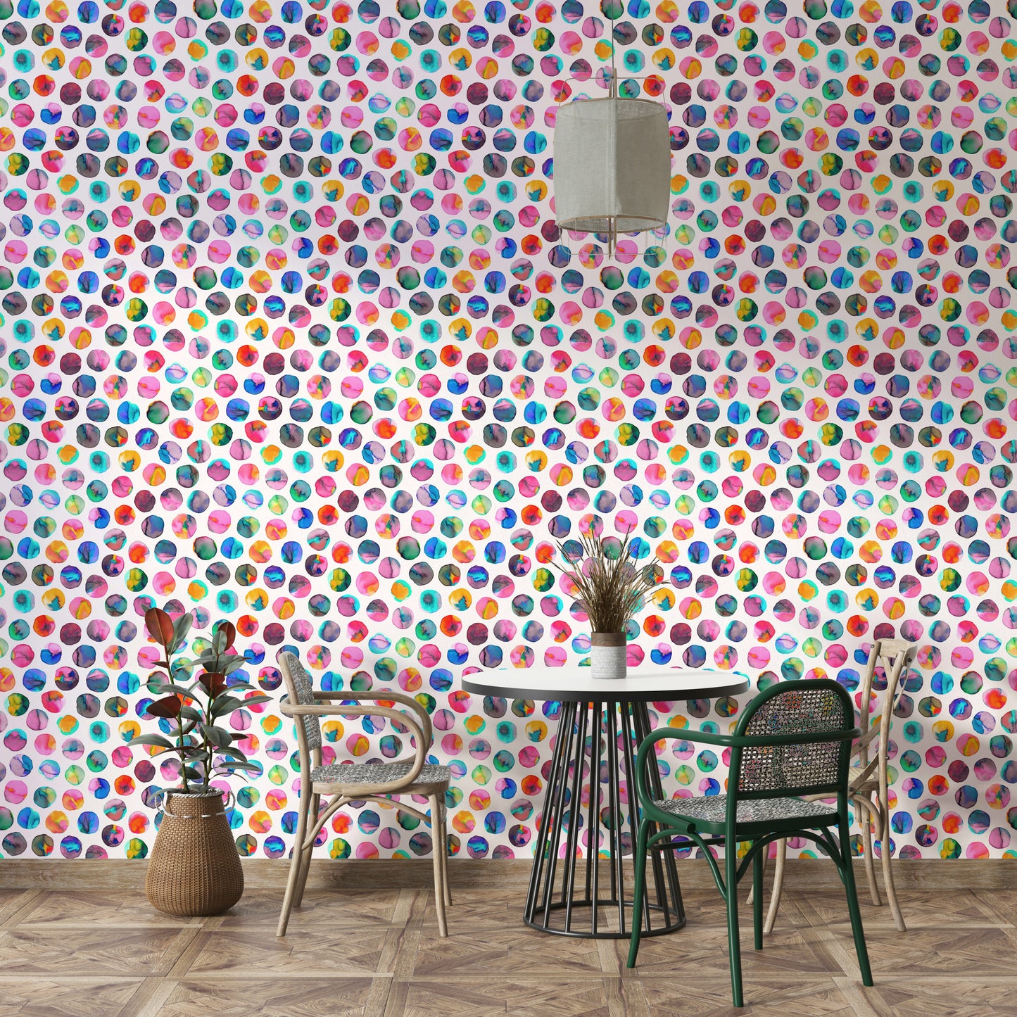 Geometric multicolor wallpaper with colorful ink spots

