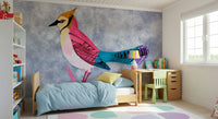 Colorful Jay wall mural of a crested bird on blue behind a wood bed and desk in a kids bedroom