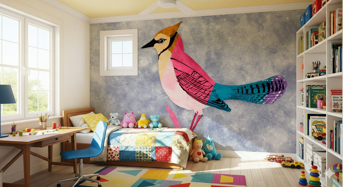 Colorful Jay wall mural, a pink bird on blue-grey above a patchwork quilt bed in a kids room