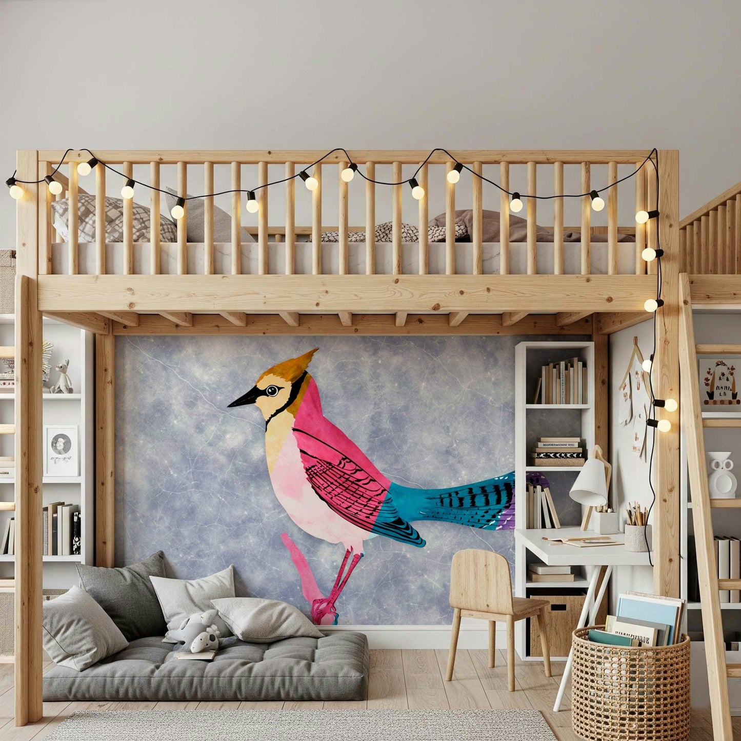 Colorful Jay wall mural in pink and turquoise under a wood loft bed with string lights in a kids room
