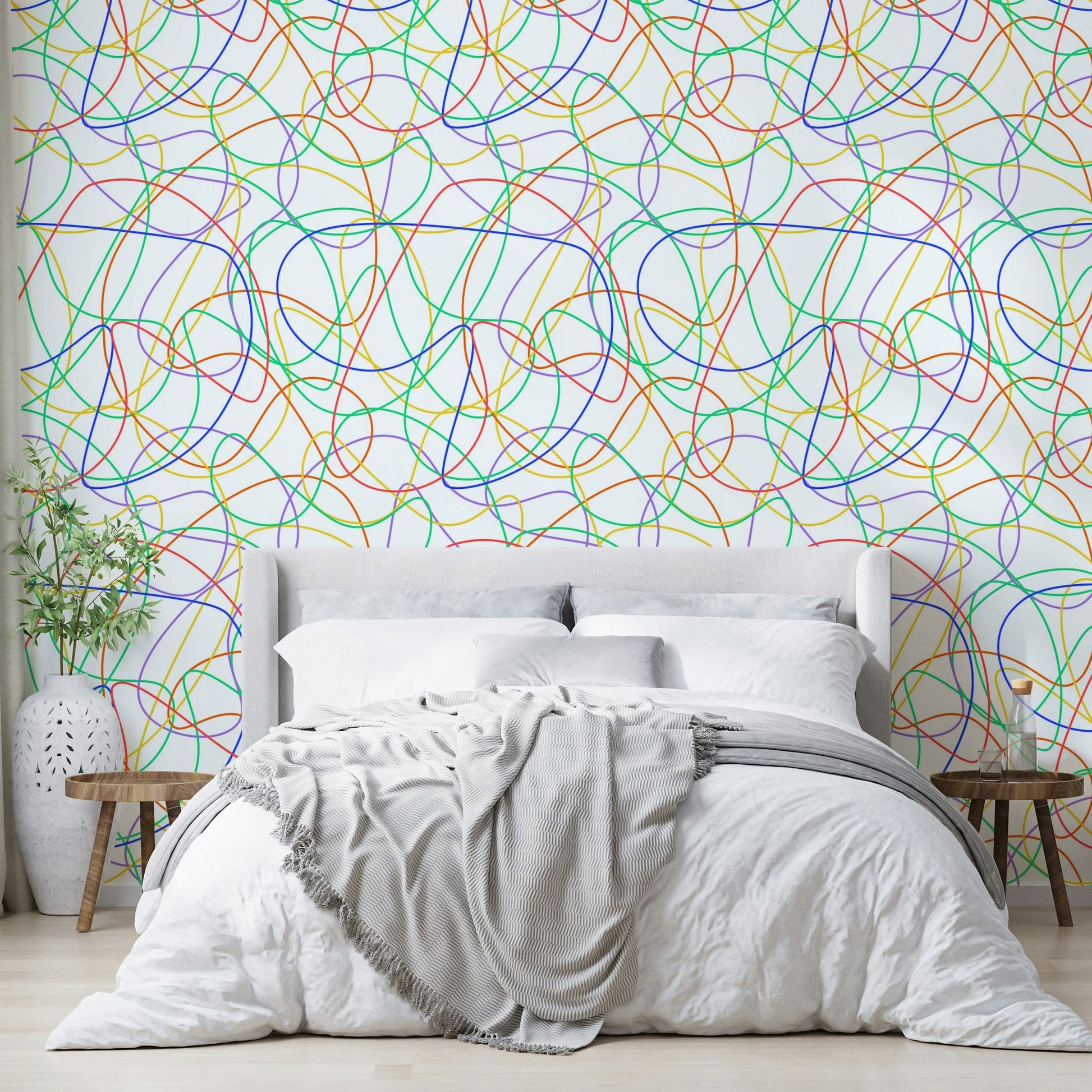 Colorful Line Print Wallpaper used as a creative accent in a lounge.