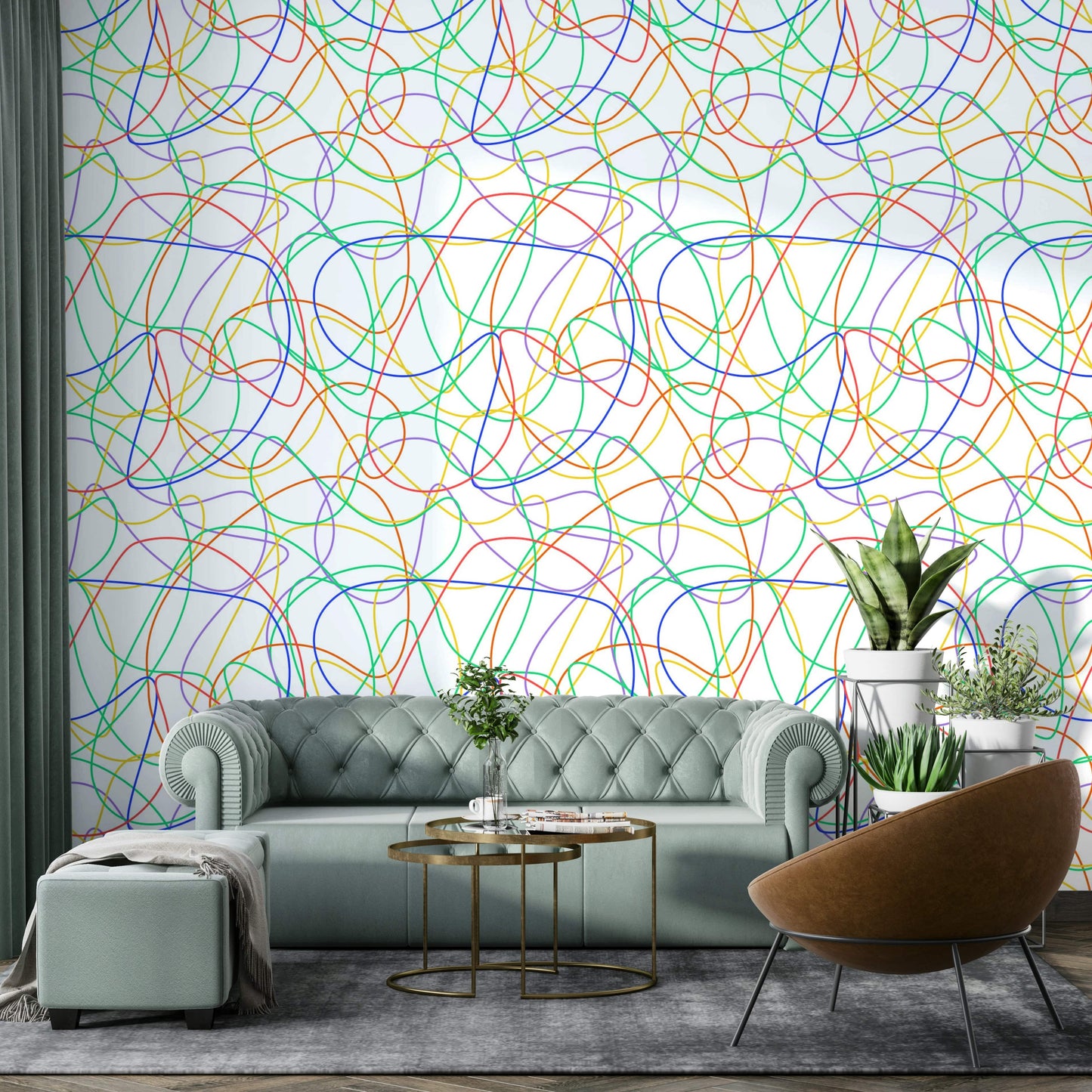Playful primary color lines on a durable wall covering for a kid's playroom.