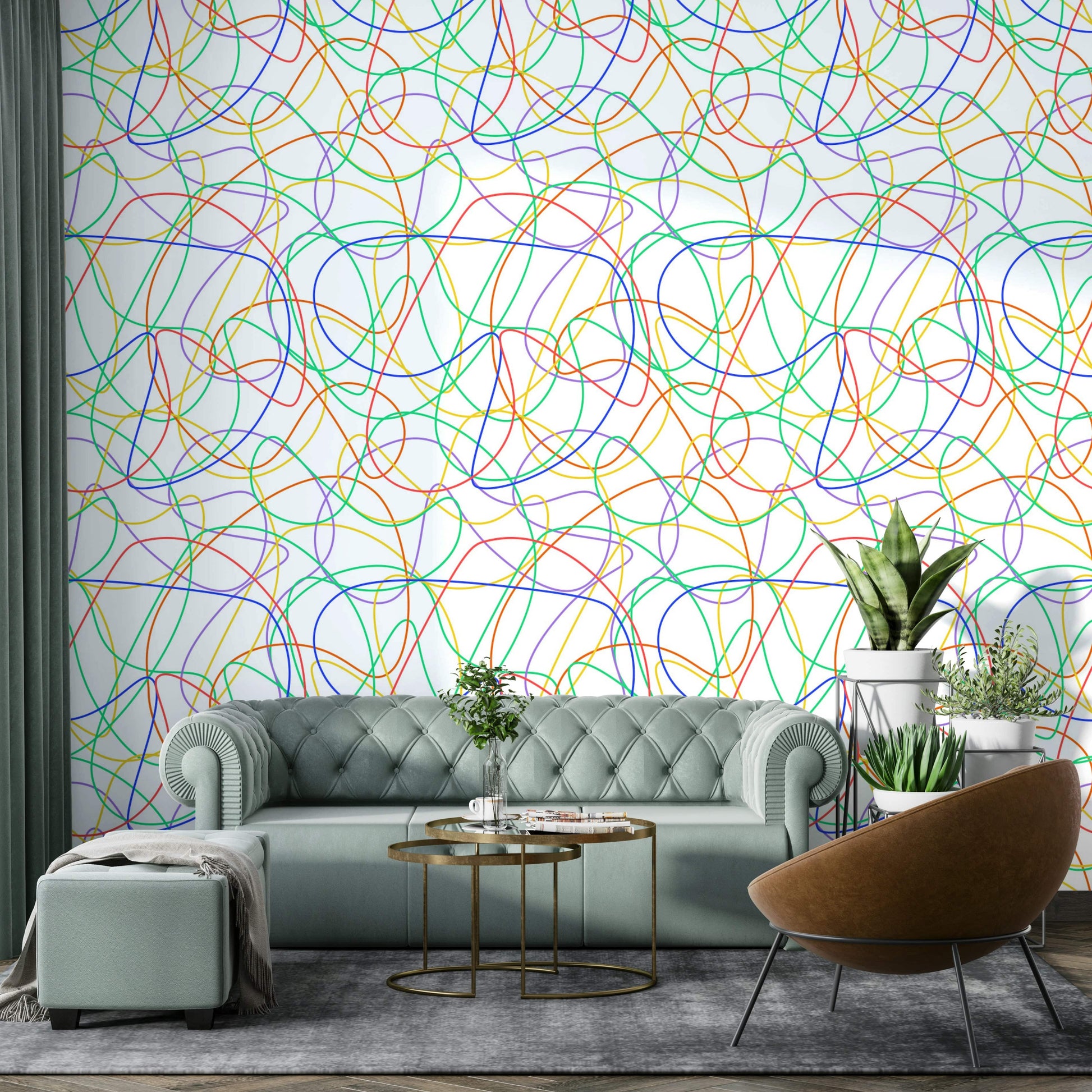 Playful primary color lines on a durable wall covering for a kid's playroom.