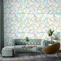 Playful primary color lines on a durable wall covering for a kid's playroom.