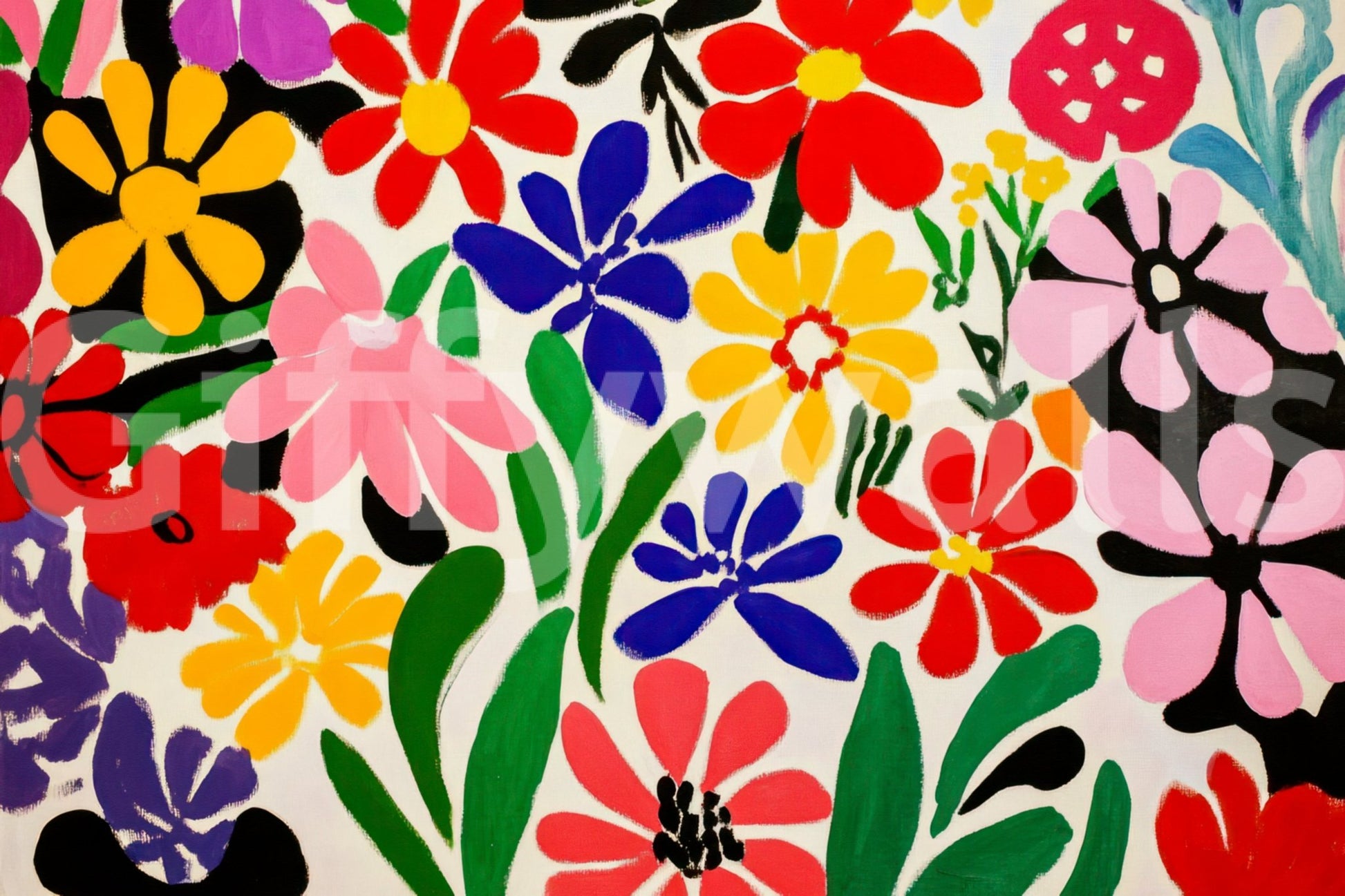 Matisse-style flower cutouts in vibrant composition

