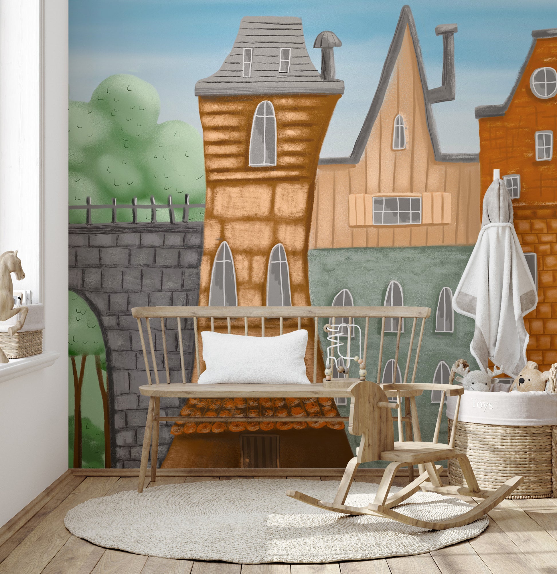 Nursery wall mural with small city design
