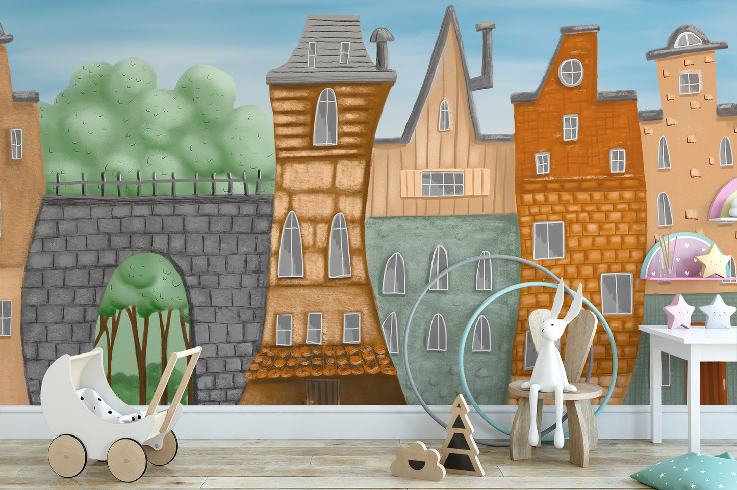 Cute painted city mural for children’s spaces
