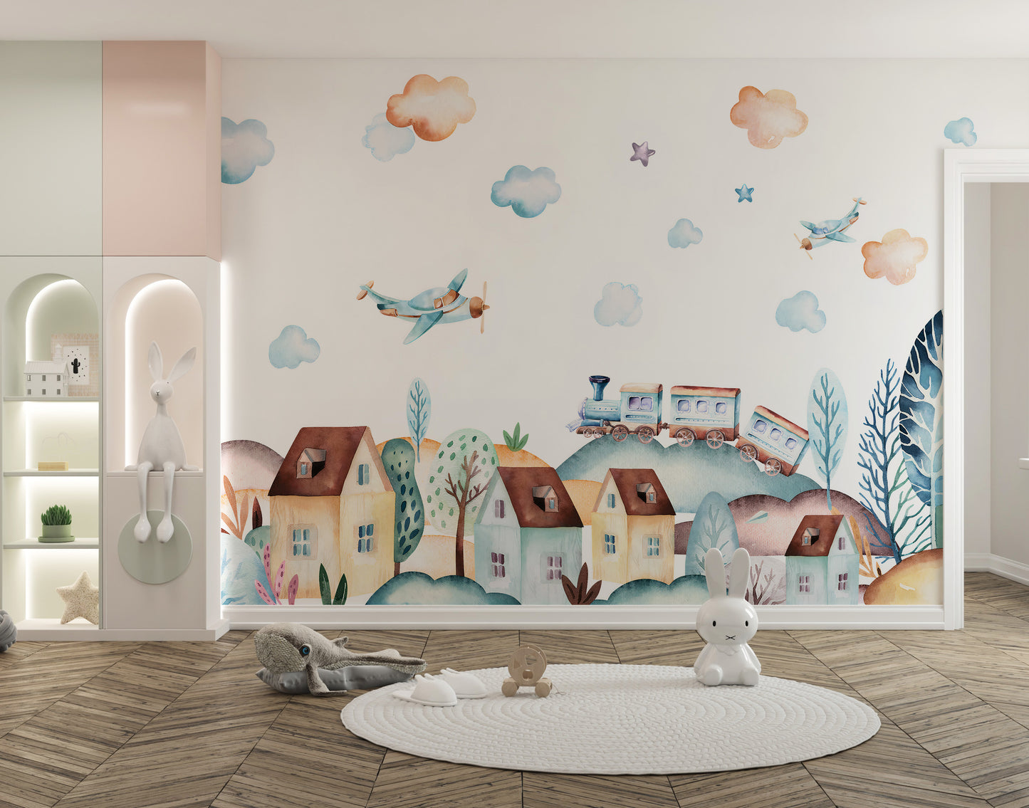 Watercolor Fun Village kids room wallpaper mural as a bedroom feature wall behind the headboard