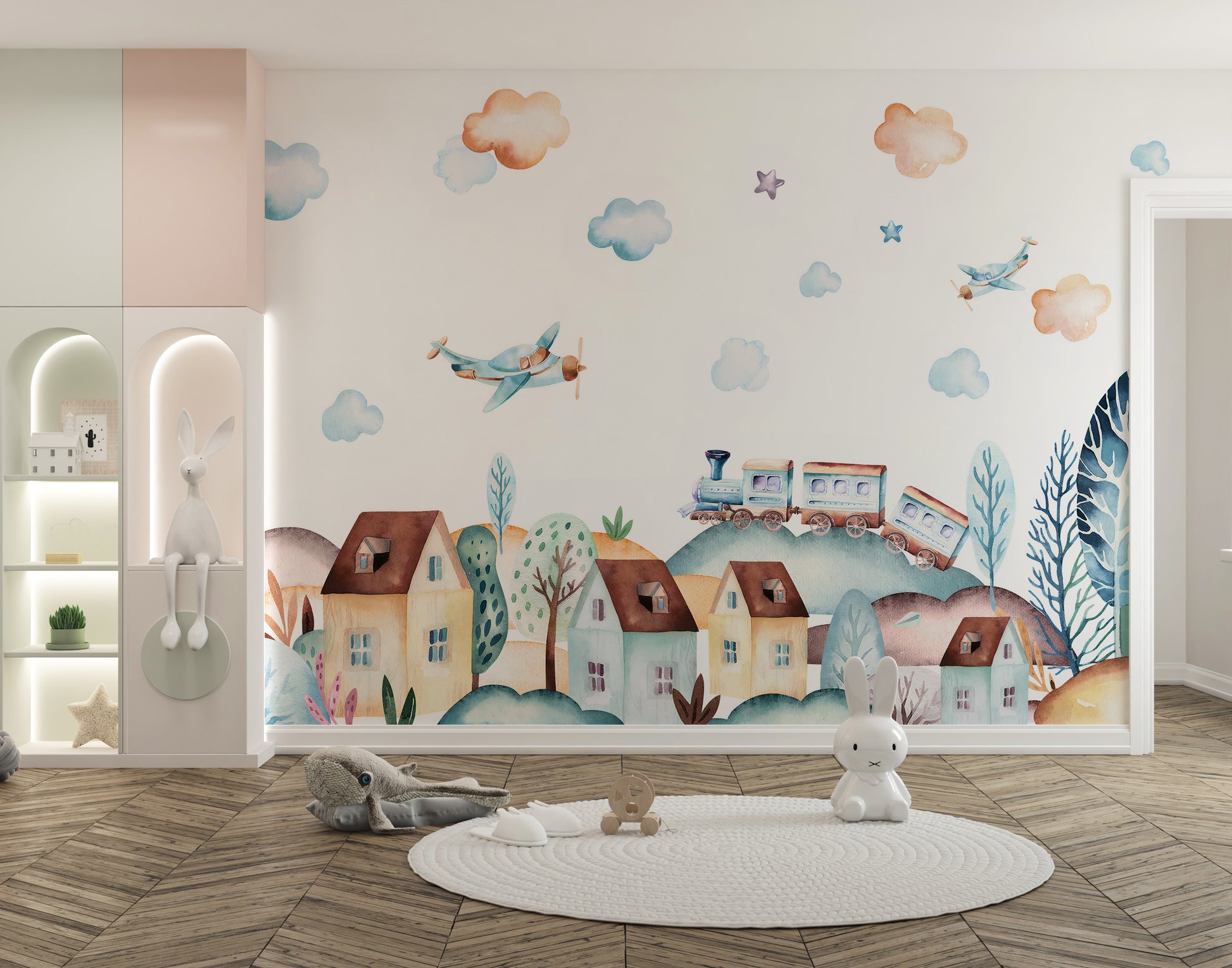 Watercolor Fun Village kids room wallpaper mural as a bedroom feature wall behind the headboard
