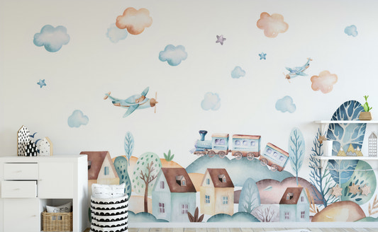 Vibrant Watercolor Village Wallpaper for Nursery Walls
