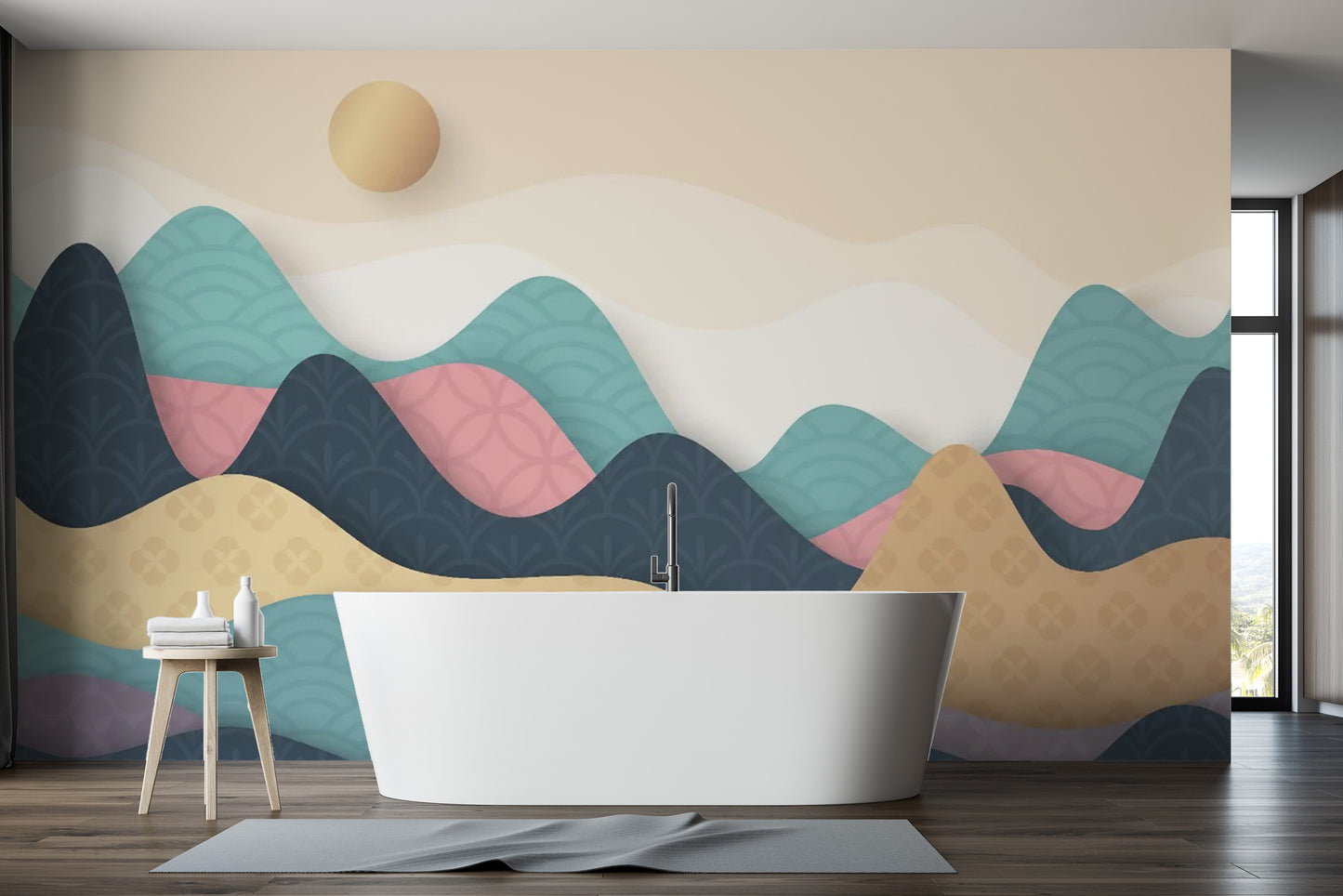 Textured look colorful wallpaper in a guest bathroom