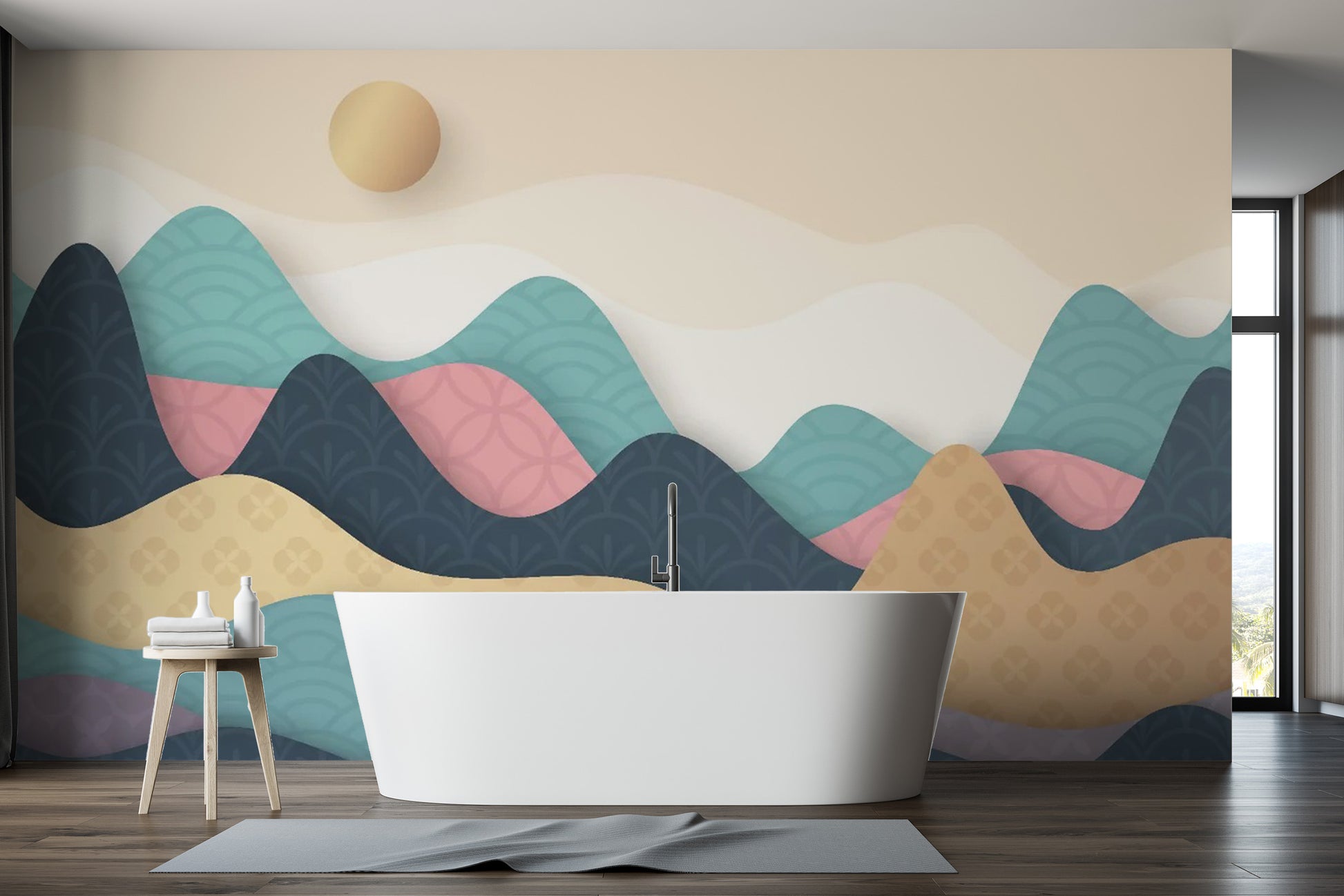 Textured look colorful wallpaper in a guest bathroom