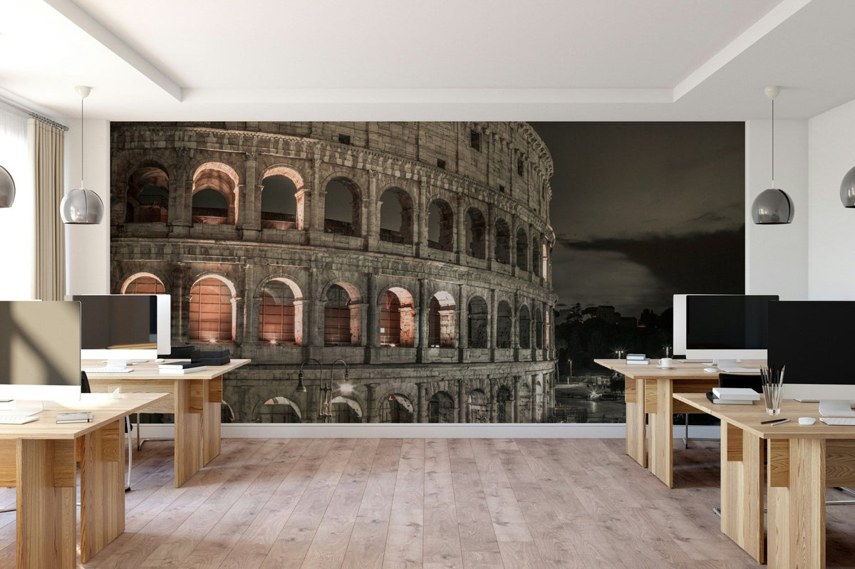 A wall mural featuring a grand, historic scene at night.

