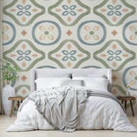Scenic wallpaper with cartoon shapes and colors

