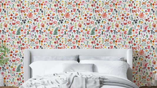 Colorful botanical plants on coral background wallpaper

