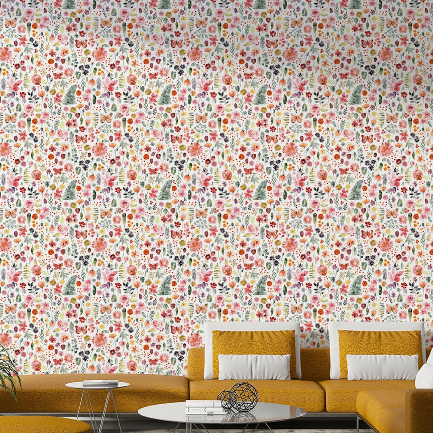 Stylish feature wall with coral botanical wallpaper

