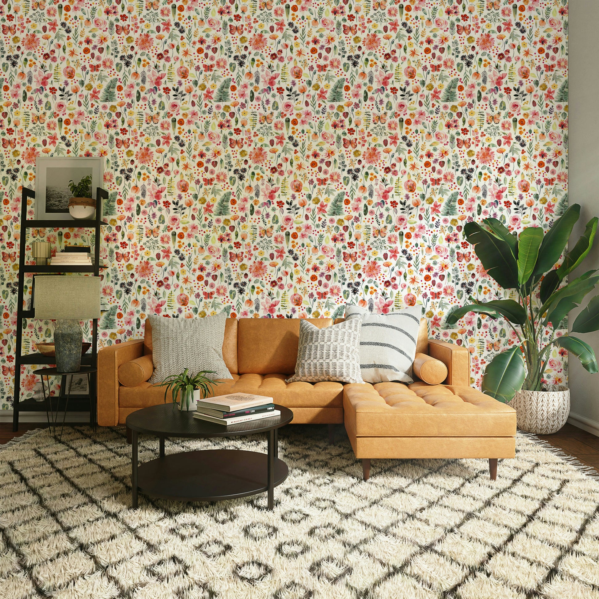Playful interior with colorful botanical wall art

