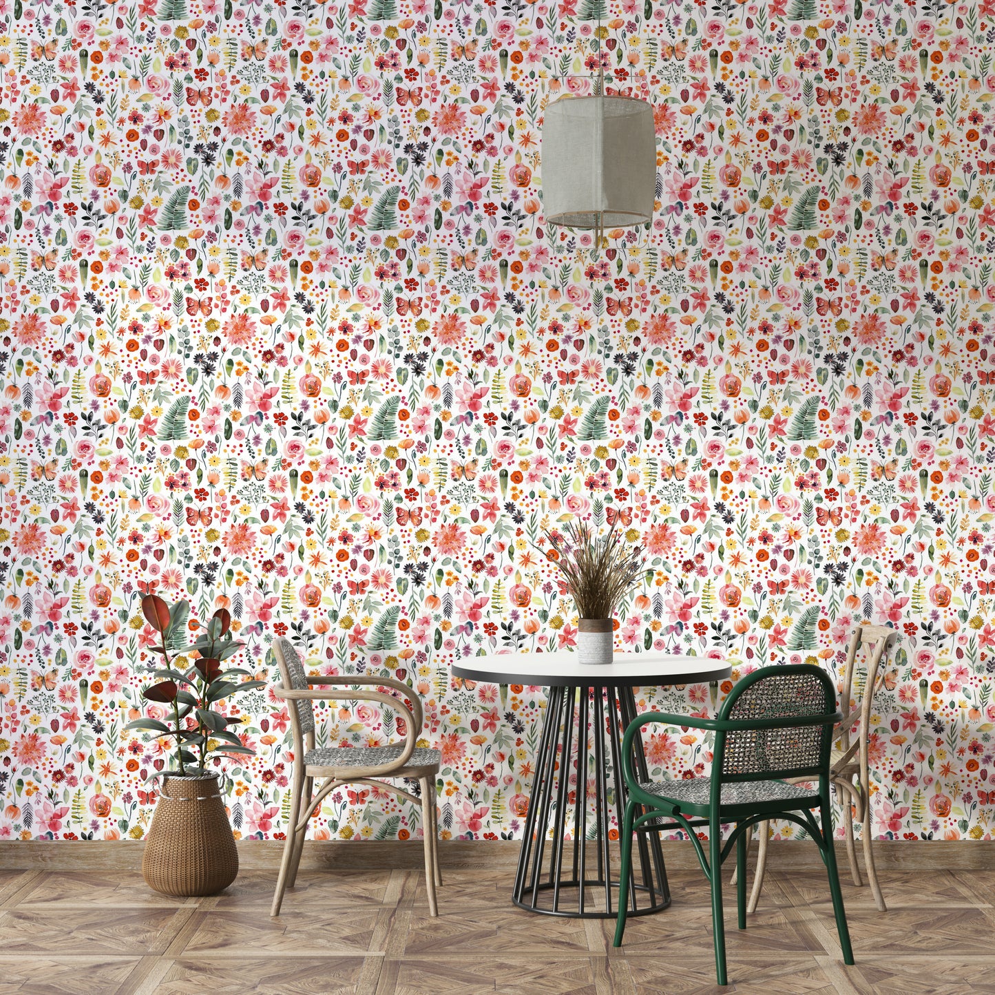 Lush green leaves on a bright coral wallpaper base

