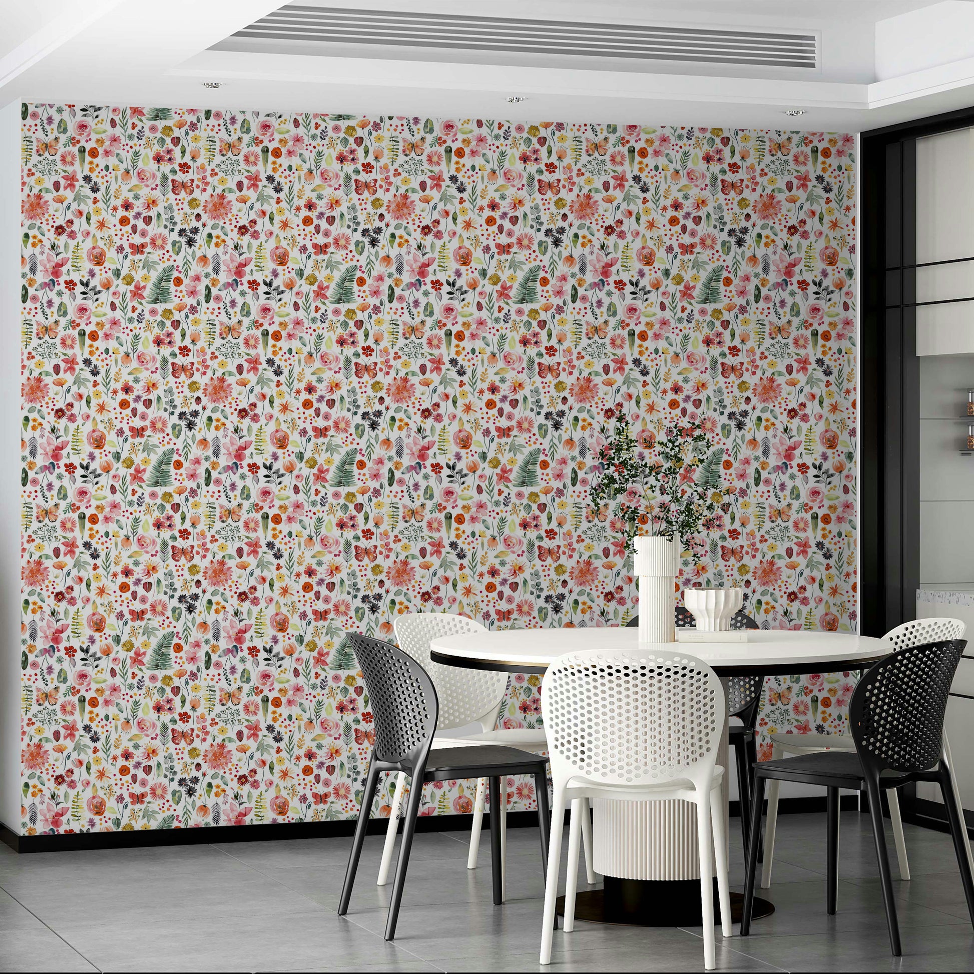 Living room with coral plant wallpaper design

