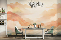 Detailed view of the brushwork and color blending in this cloud art wall covering.