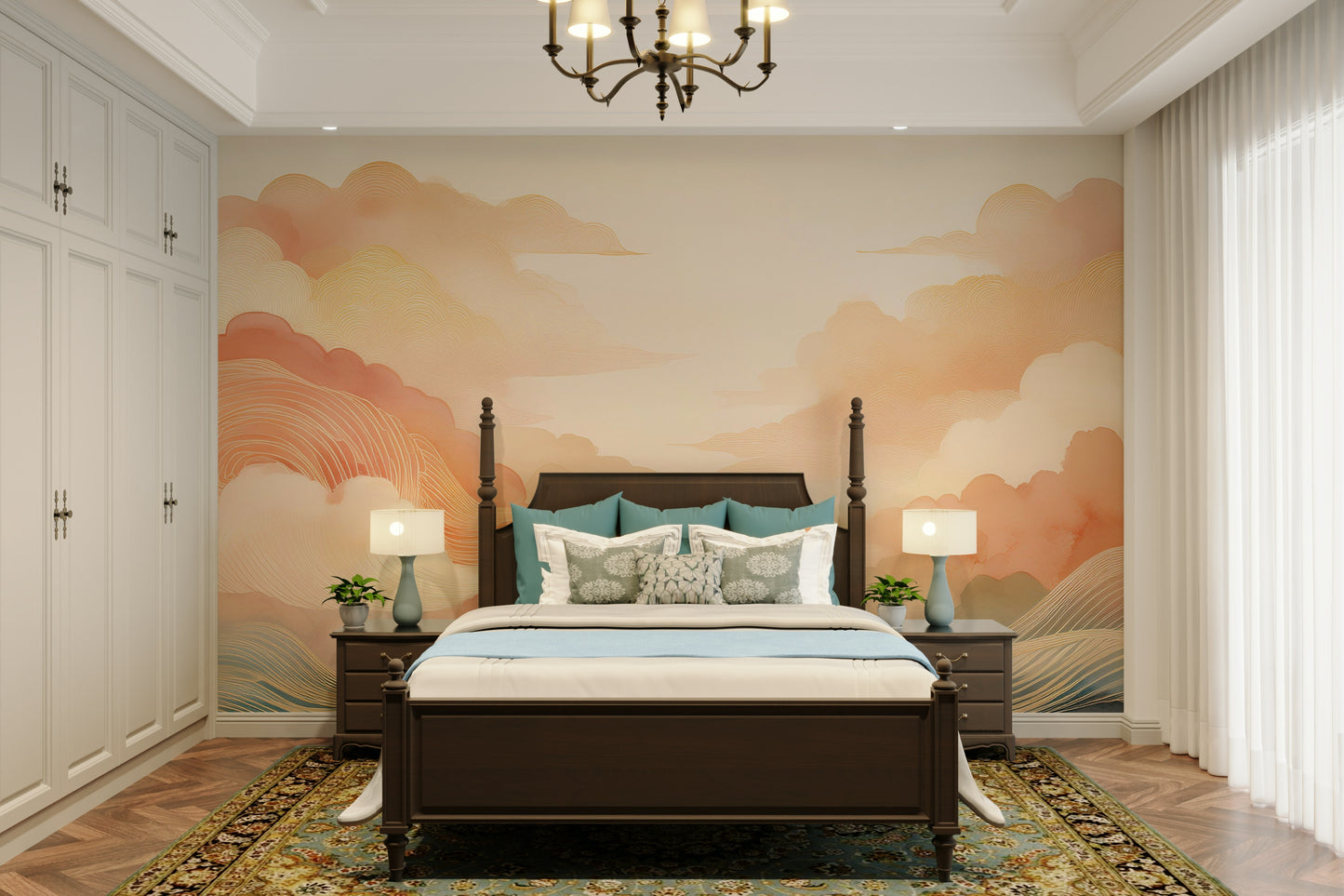 Modern nursery wall decor with gentle coral sky patterns and white wooden furniture.