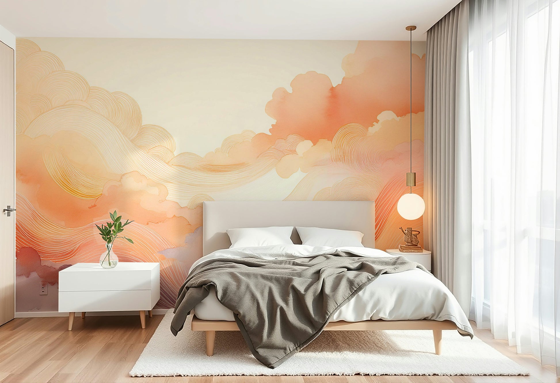 Home décor feature wall in a guest bedroom with abstract patterns.
