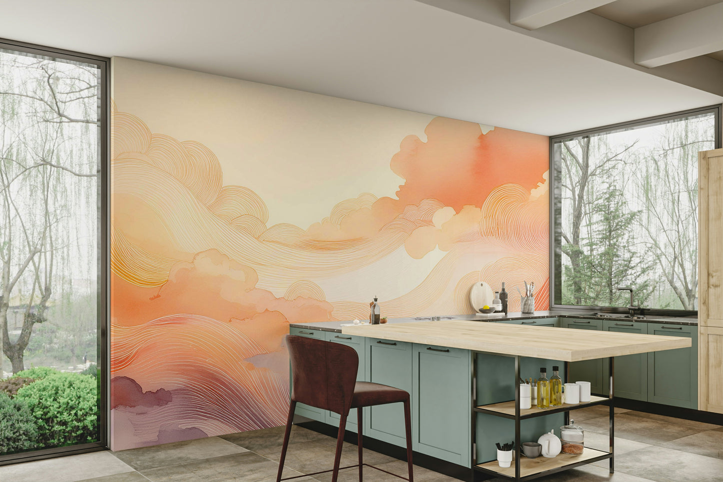 Soft peach and pink fluid art colour tones on a lounge wall.