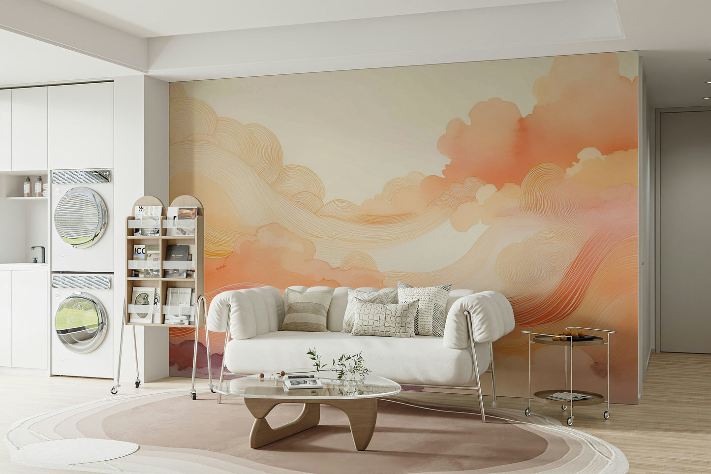 Coral Dream Swirls Wall Mural in a stylish flat with contemporary chairs.
