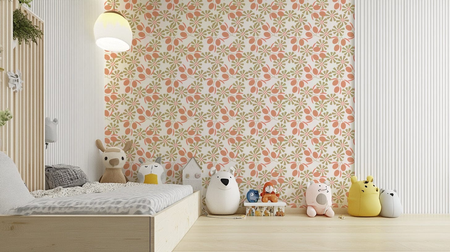 An artistic coral flower mural on minimalist wallpaper.

