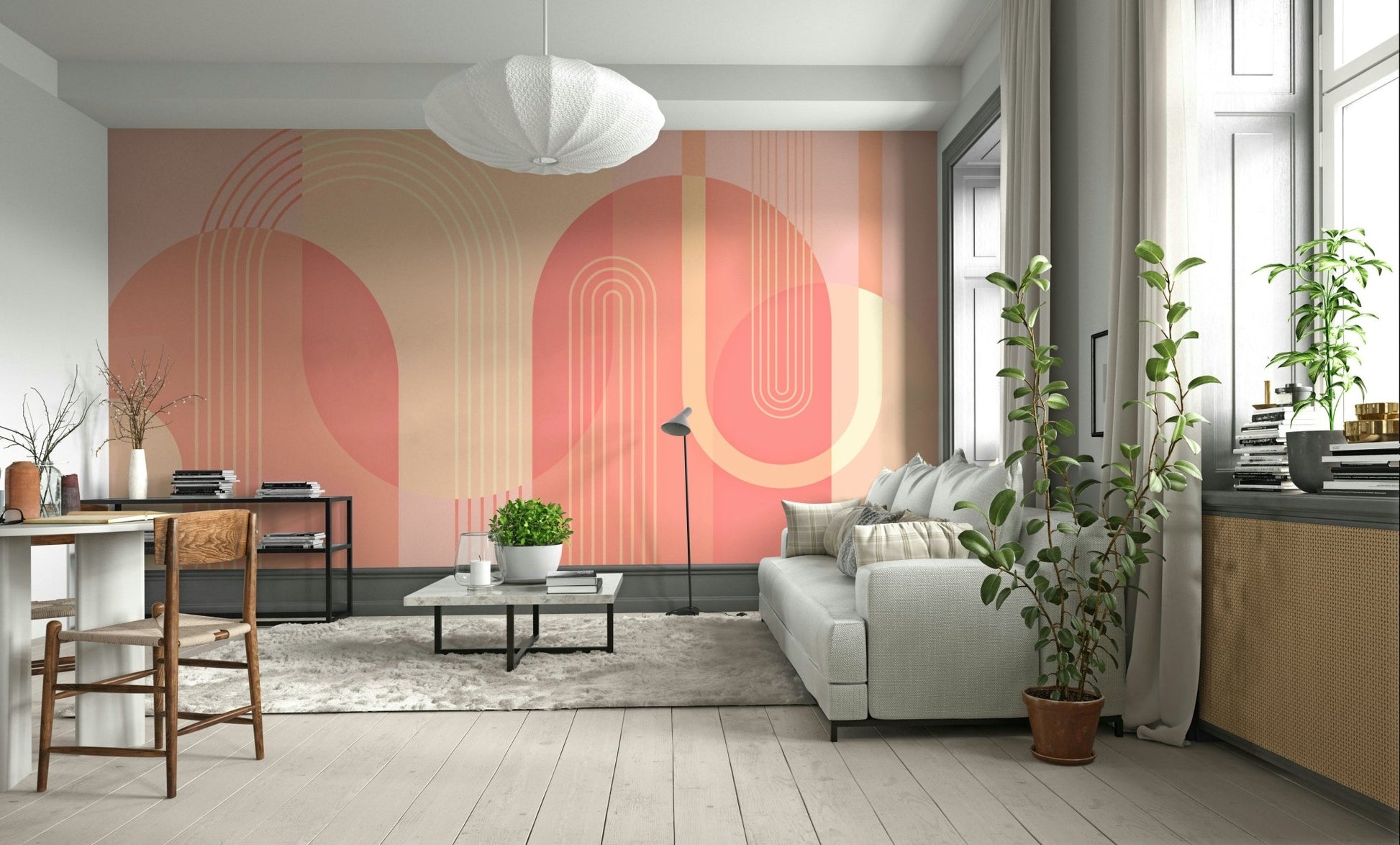 The colors are soft, muted tones of coral, pink, and gray.

