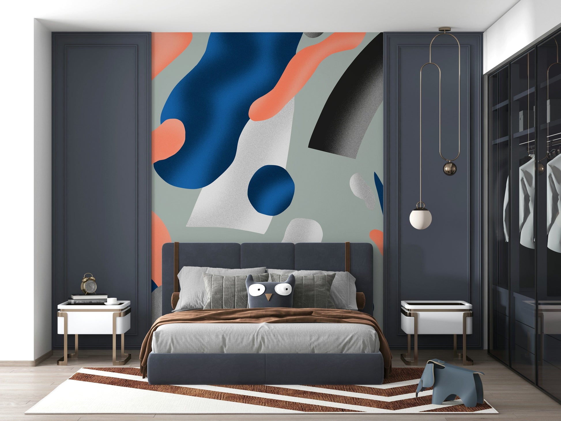 Coral and Indigo Abstract Wall Mural – Artistic wallpaper with flowing abstract patterns in coral and indigo tones.