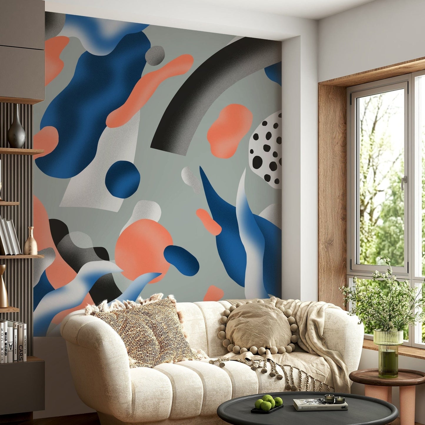 Dreamy Abstract Coral and Indigo Wallpaper – Decorative mural with soft, fluid swirls of coral and indigo tones.