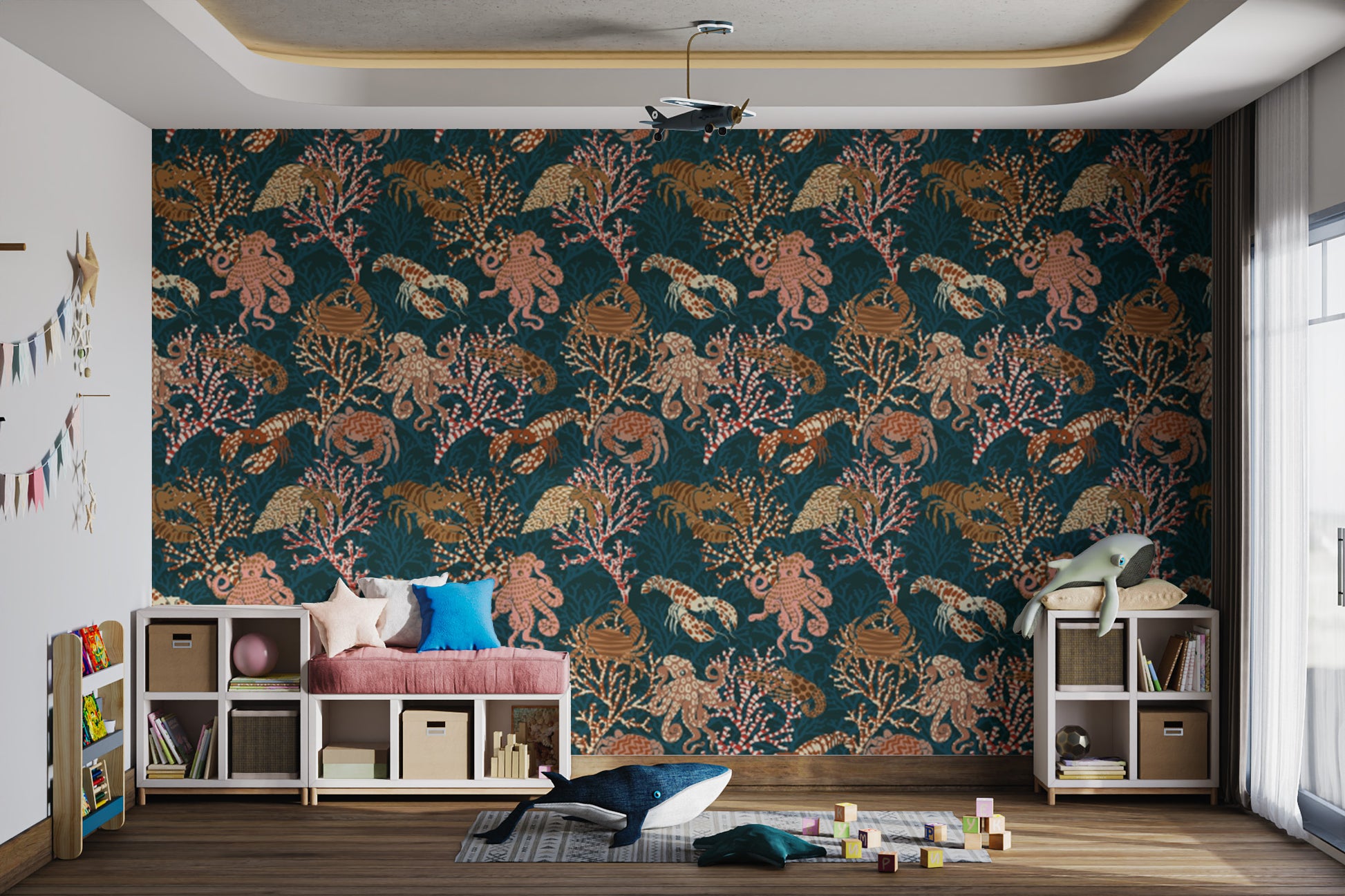Sophisticated Coral Kingdom wallpaper for ocean-inspired decor.
