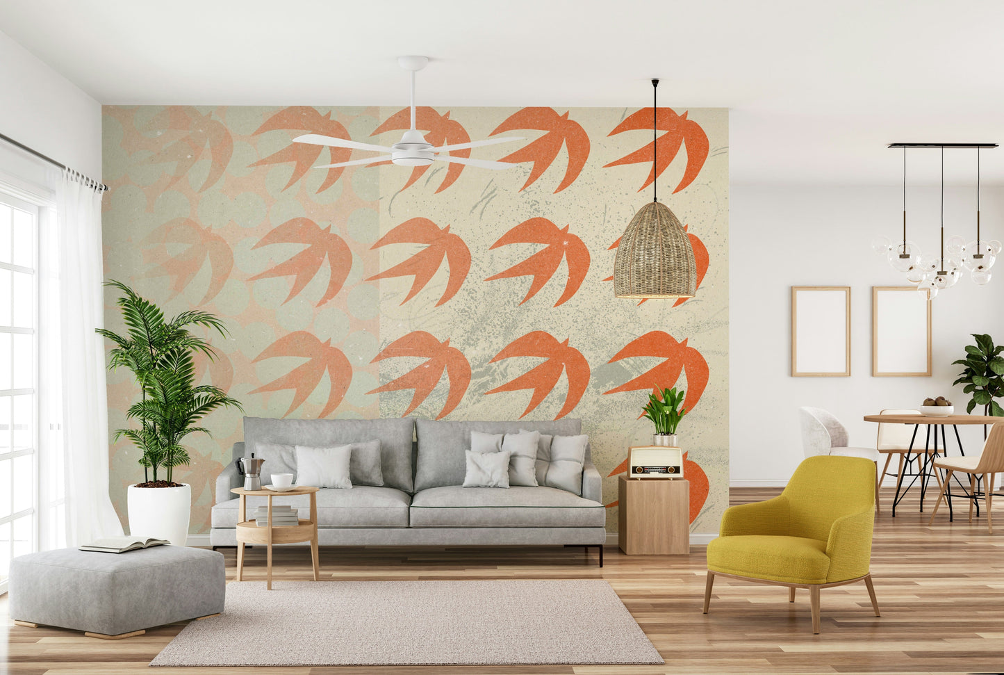 A graceful subtle swallow wall mural in cool, natural tones.

