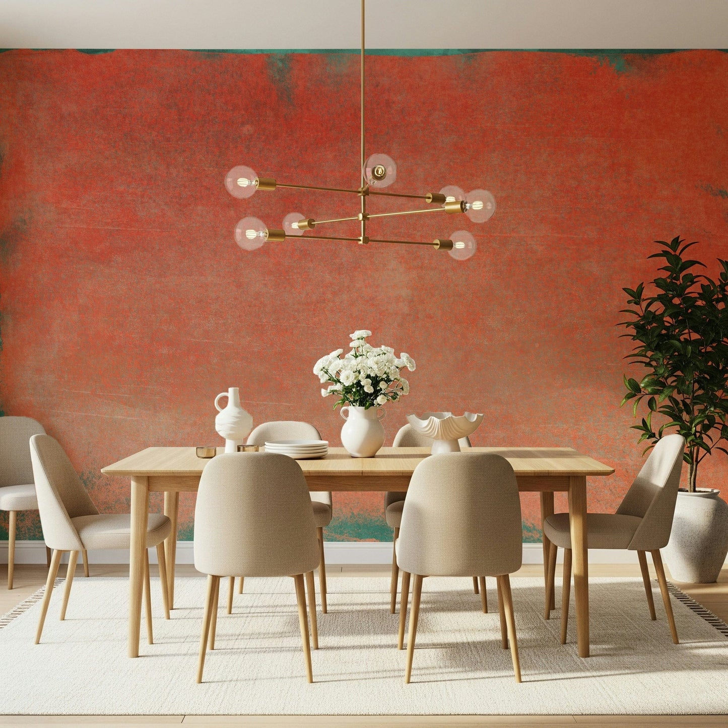 A peaceful geometric design mural on decorative wallpaper.