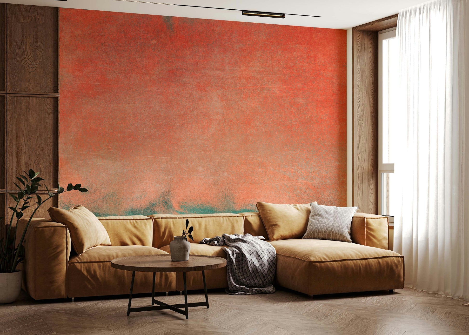 A beautiful abstract art wallpaper mural in warm, earthen hues.