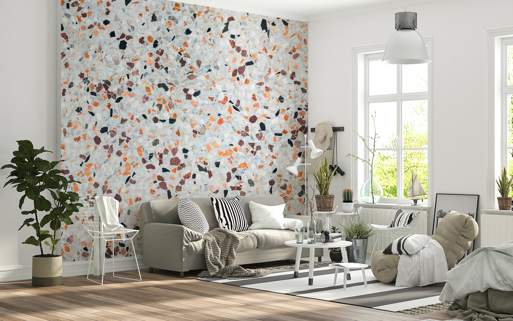 Excellent Light Coral Terrazzo wallpaper decorative speckled pattern neutral warm palette.