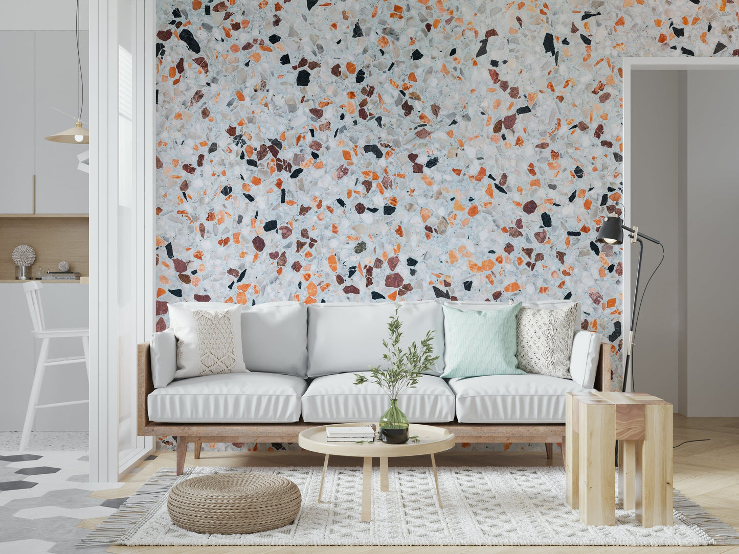 Crisp Light Coral Terrazzo mural scattered elements grey orange dark chips surface.