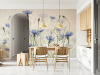 A beautiful modern art wall mural of delicate cornflowers.

