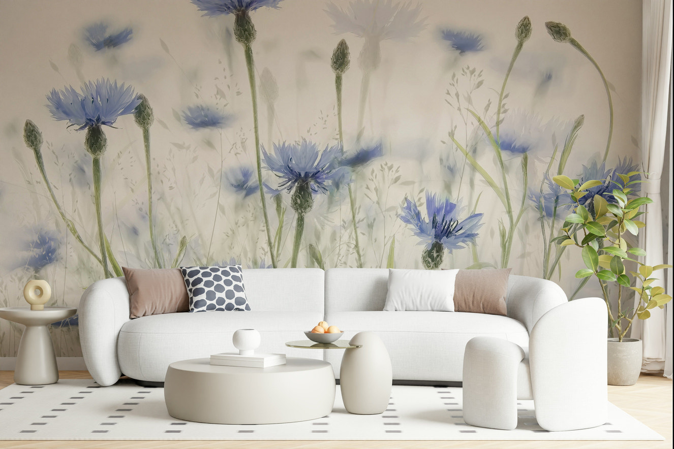 A peaceful flower design mural on decorative wallpaper.

