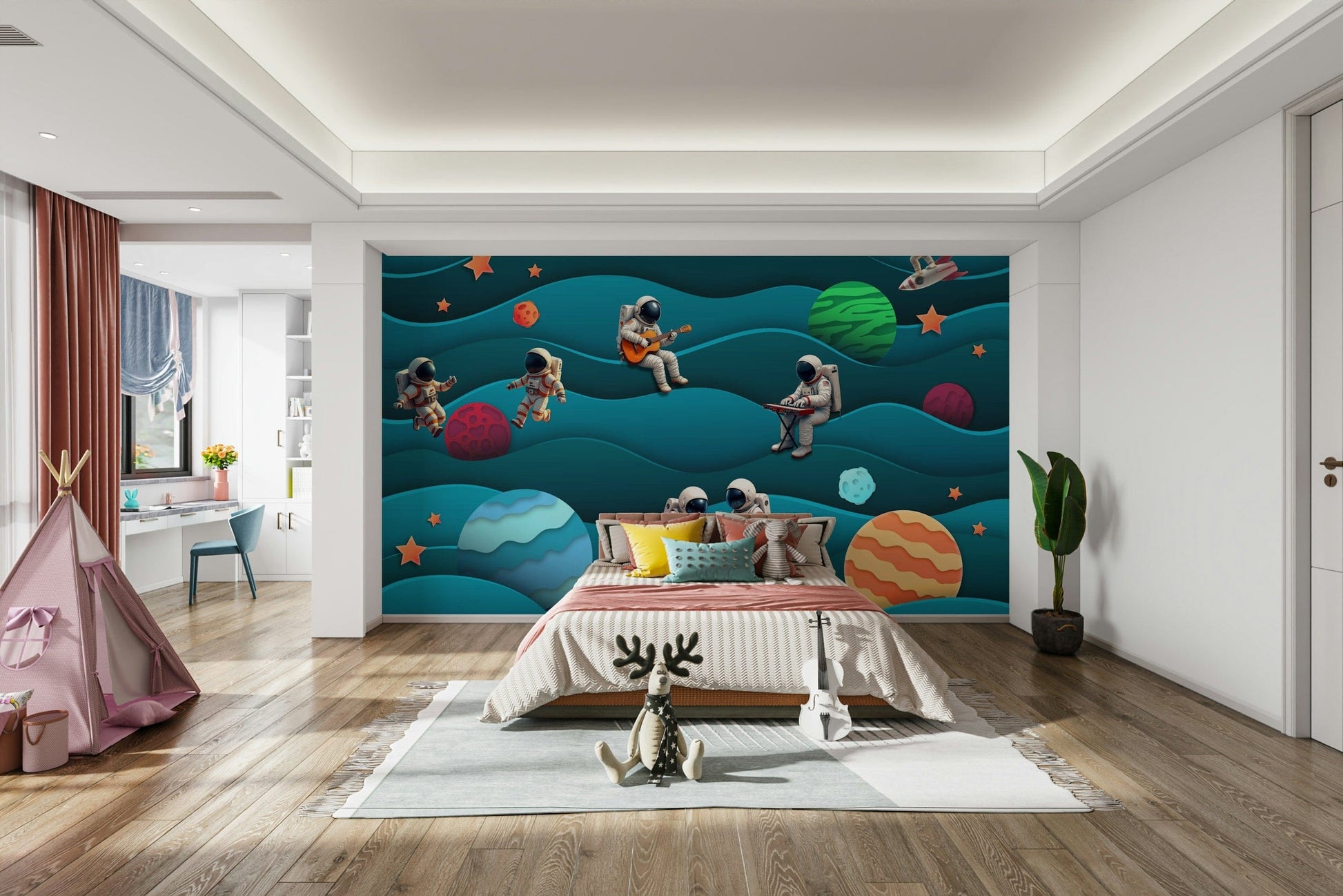 The design features a group of friendly, cosmic characters playing music.

