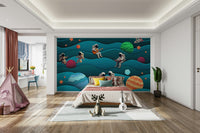 The design features a group of friendly, cosmic characters playing music.

