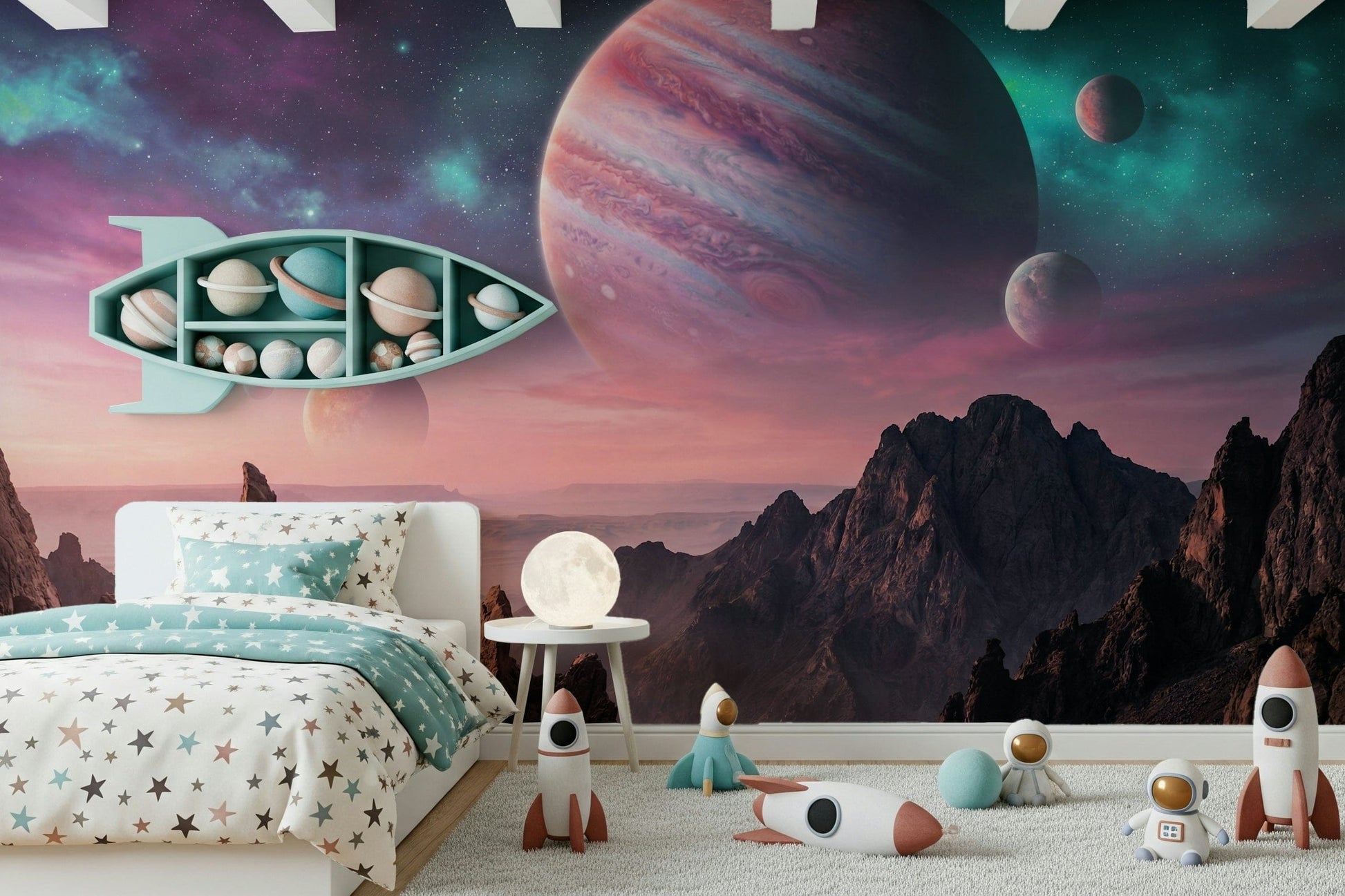 Cosmic desert canyon mural in apartment lounge, deep colors, minimal furniture styling