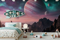 Cosmic desert canyon mural in apartment lounge, deep colors, minimal furniture styling