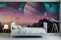Cosmic canyon mural behind headboard, night sky colors, bedroom accent wall backdrop