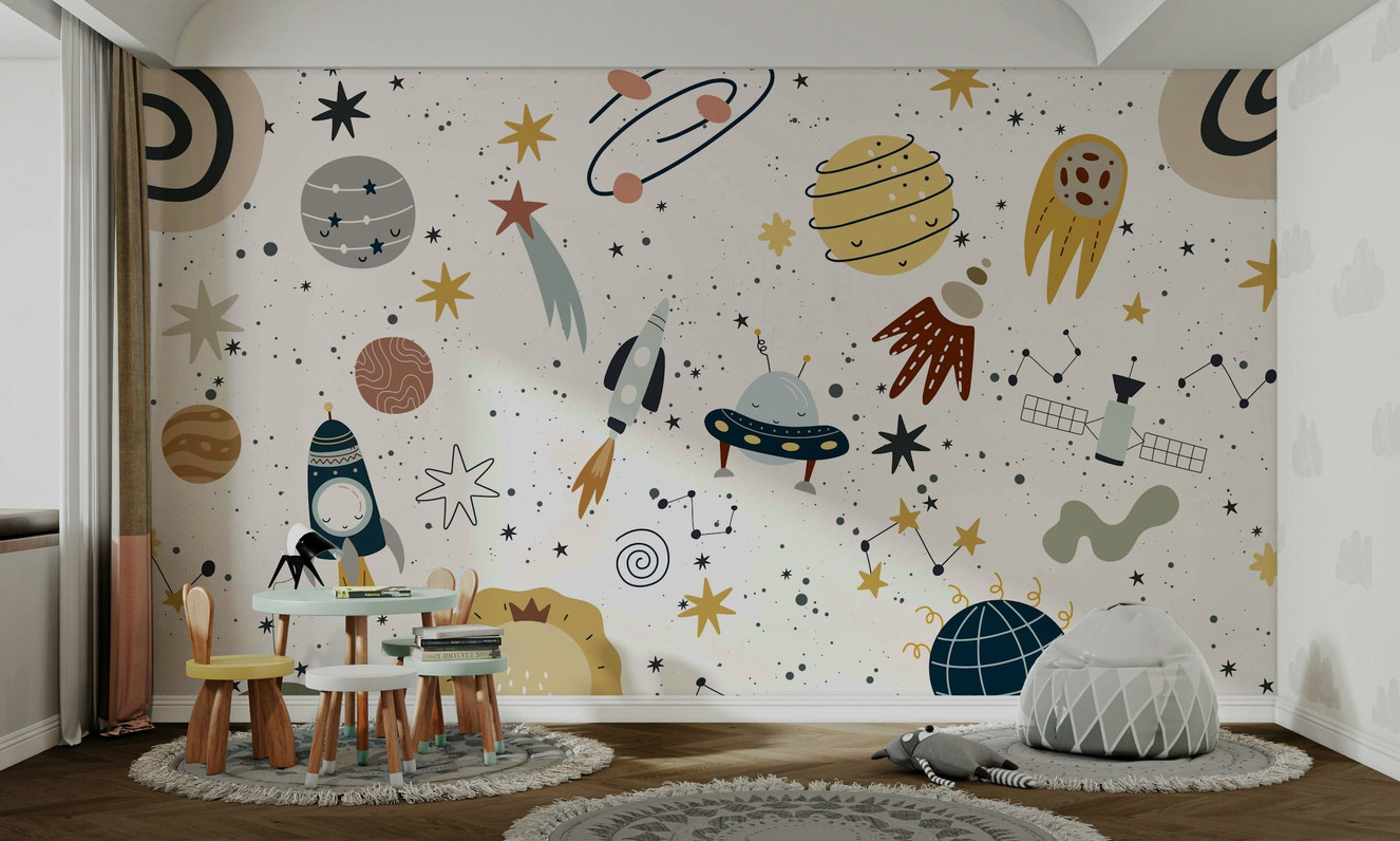 A peaceful wall mural with a whimsical outer space scene.

