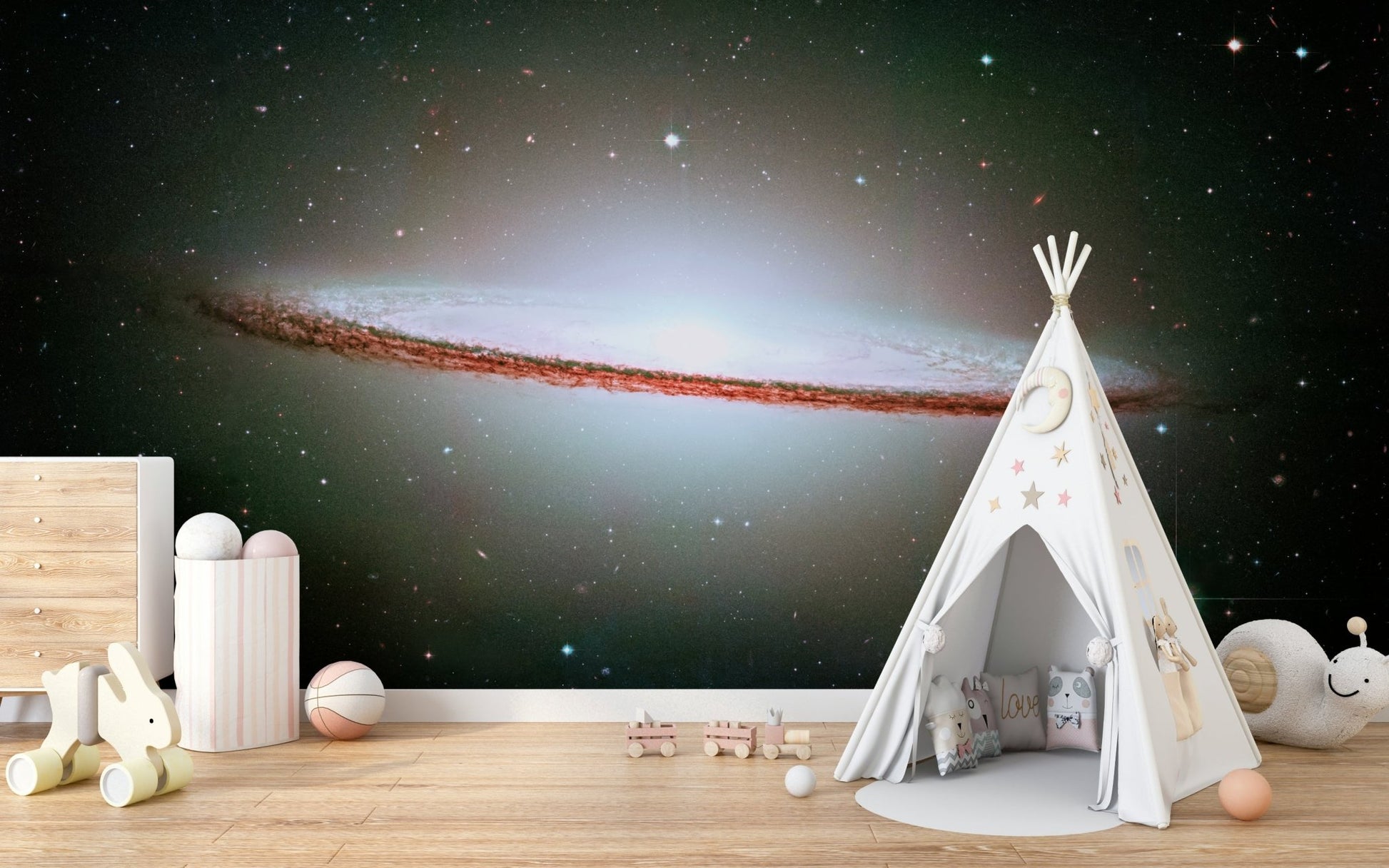 The image shows a peaceful, otherworldly scene with celestial elements.

